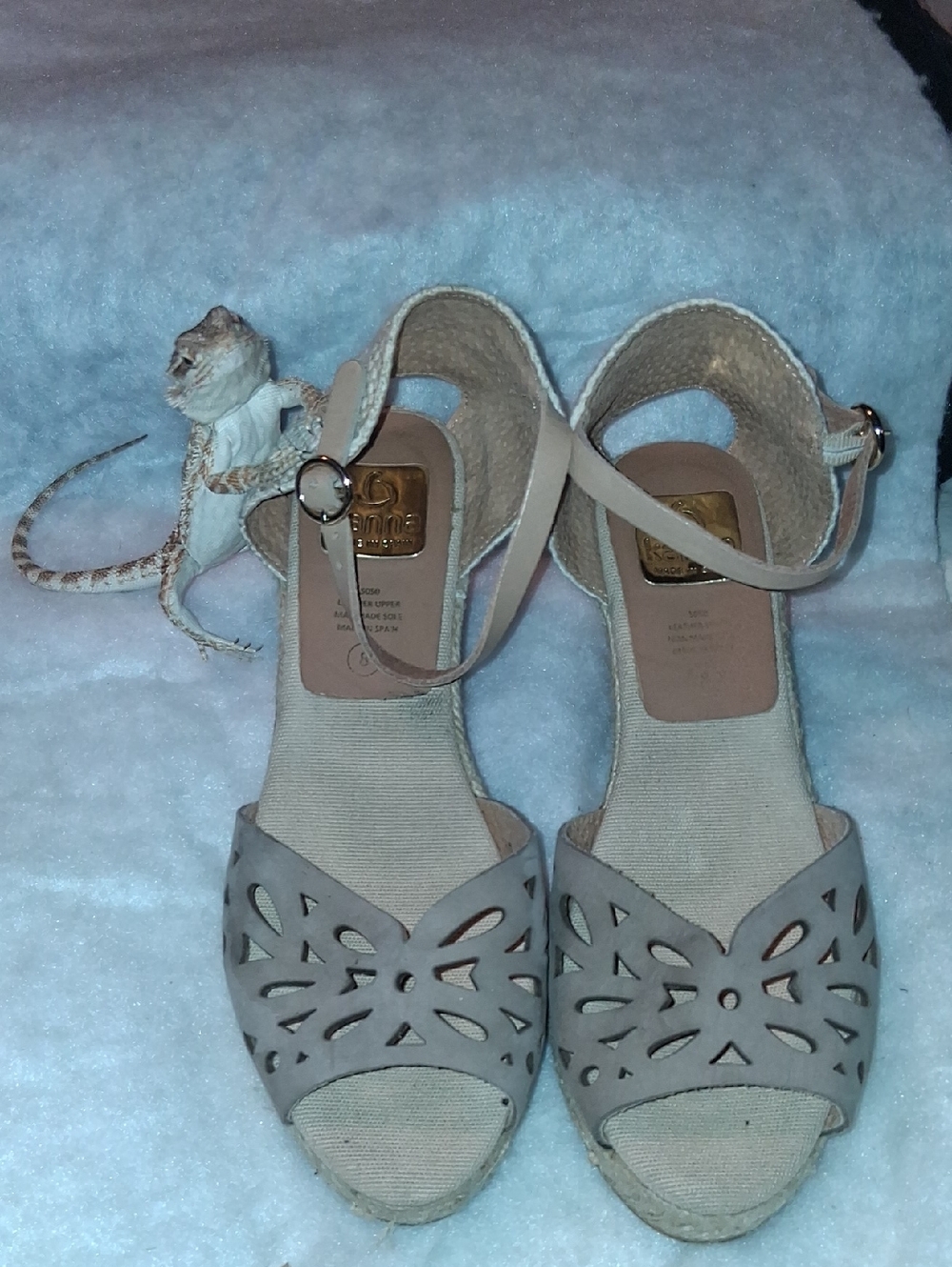 kanna Beige Laser-Cut Espadrille Wedge Sandals
